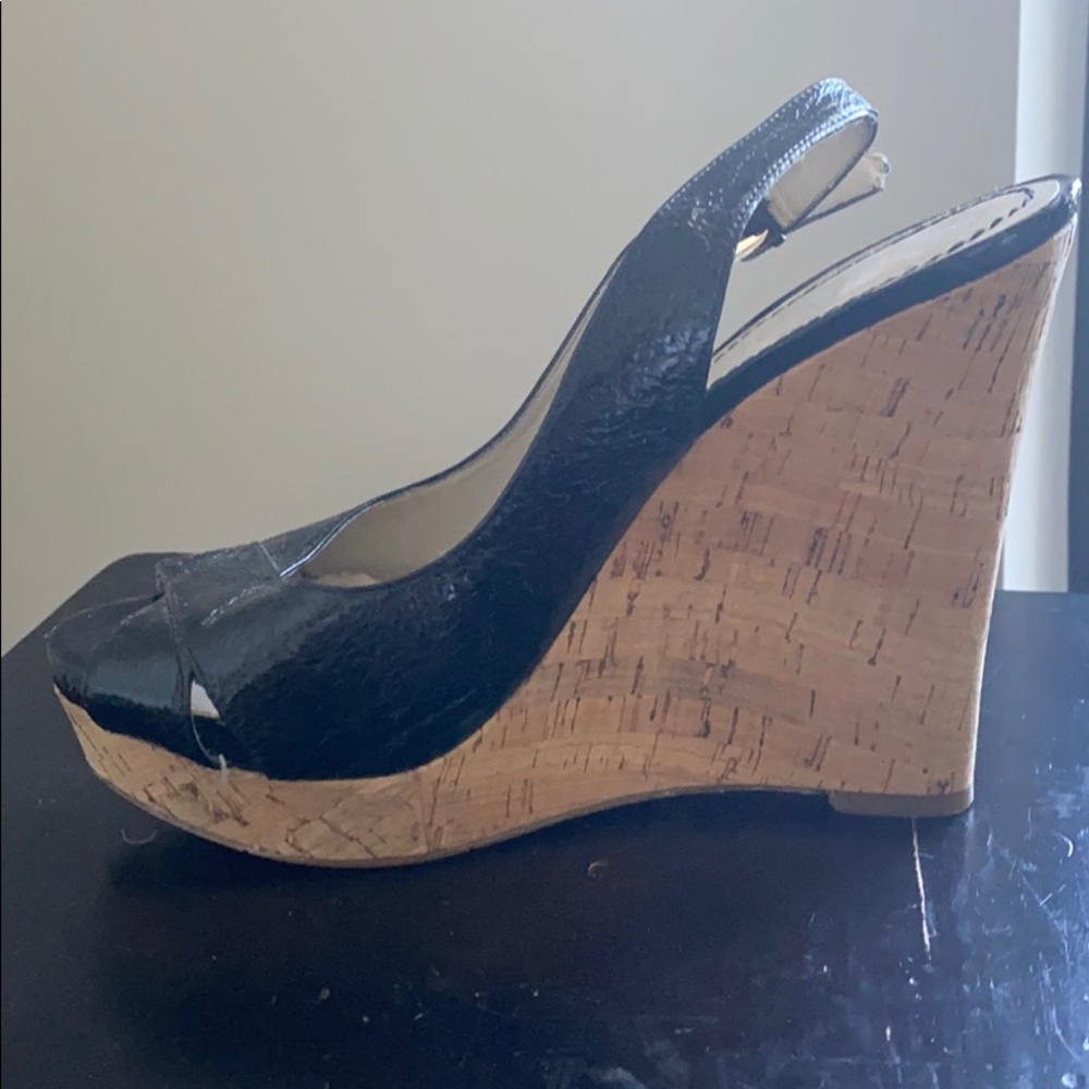Nine West black patent and cork wedges